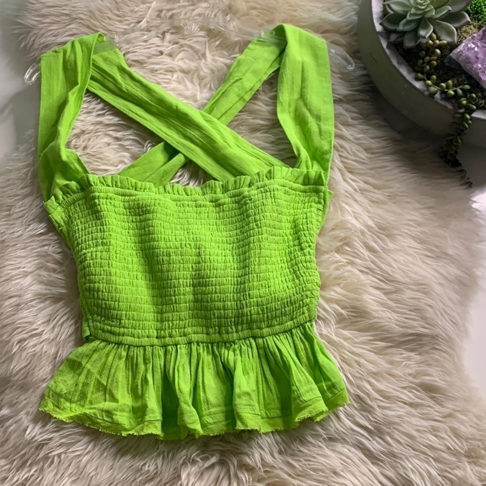 Free people Y2K neon now green Rouched open tie back  Ruffle hem crop top